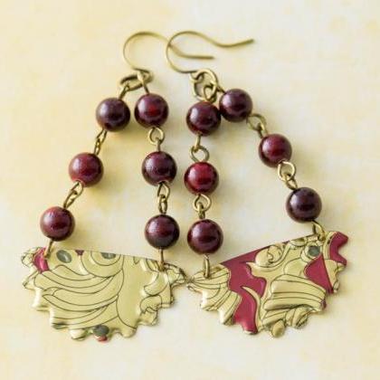 Red And Gold Vintage Tin Earrings With Red Rosary..