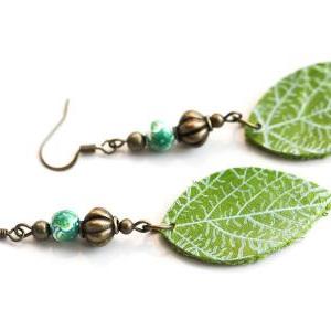 Green Leaf Earrings, Leather Leaf Earrings, Nature..