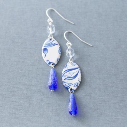 Cobalt Blue & White Earrings, Drop..