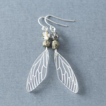 Fairy Wing Earrings, Cicada Wing Earrings, Pyrite..