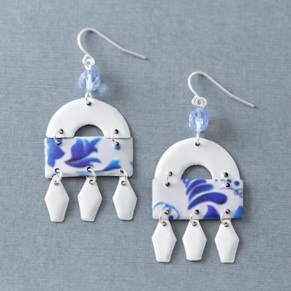 Blue And White Geometric Earrings, Arch Earrings,..