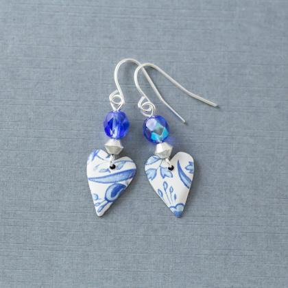 Boho Blue Tin Heart Earrings, Dainty Heart..