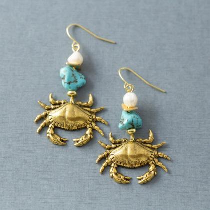 Crab Earrings, Crab Jewelry, Freshwater Pearl..