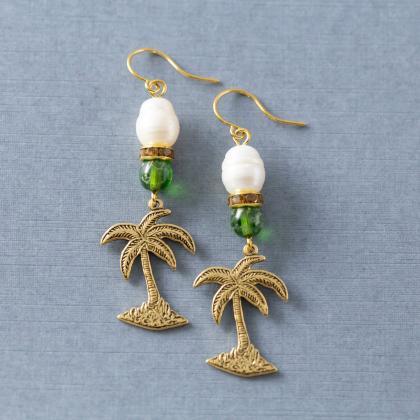 Gold Tone Palm Tree Earrings, Tropical Earrings,..