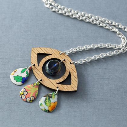 Wood Evil Eye Pendant Necklace, Witchy Necklace..