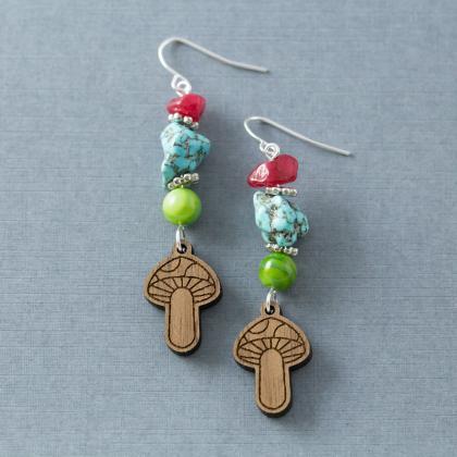 Long Mushroom Earrings, Colorful Hippie Earrings,..