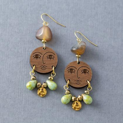 Wood Face Earrings, Face Jewelry, Moon Face..