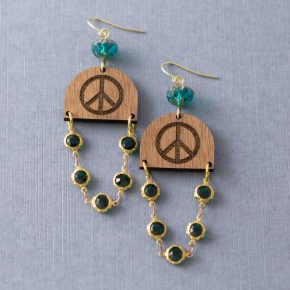 Hippie Peace Sign Earrings, Walnut Wood Earrings,..
