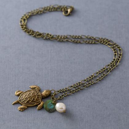Sea Turtle Pendant Necklace, Freshwater Pearl..