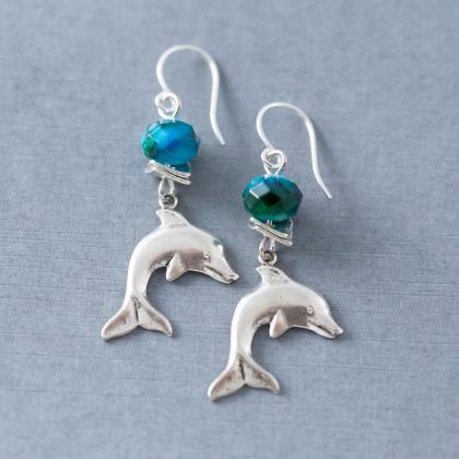 Silver Dolphin Earrings With Blue Green Glass..