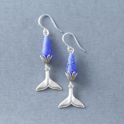 Whale Tail Earrings With Blue Glass Beads And..