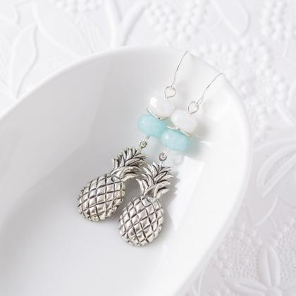 Silver Tone Pineapple Earrings With Blue Amazonite..