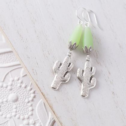Silver Tone Cactus Plant Earrings With Mint Green..