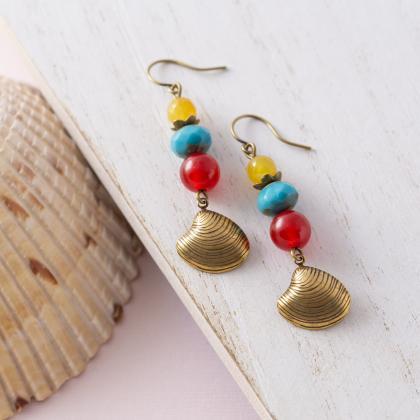 Colorful Boho Beach Shell Earrings With Yellow..
