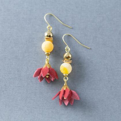 Faux Leather Boho Red Flower Dangle Earrings With..