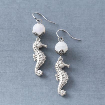 Antiqued Silver Seahorse Earrings With White Agate..