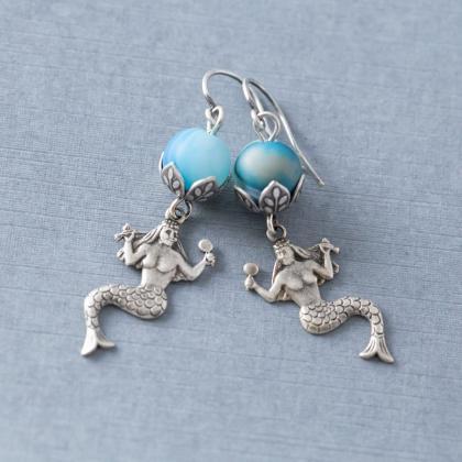 Antiqued Silver Mermaid Earrings With Blue Agate..
