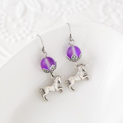 Purple And Silver Unicorn Earrings, Unicorn Dangle..