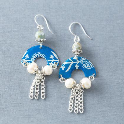 Blue And White Half Circle Tin Earrings With..