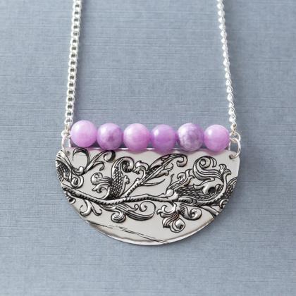 Purple & Silver Half Circle Necklace,..