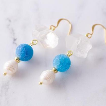 Aqua Agate Earrings, Freshwater Pearl Earrings..