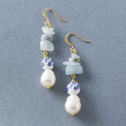 Blue Flower Earrings, Freshwater Pearl Earrings,..
