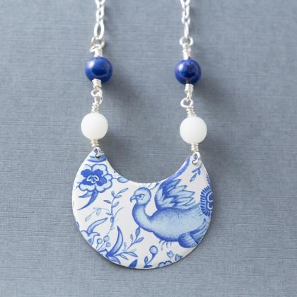 White & Blue Bird Necklace, Delft..