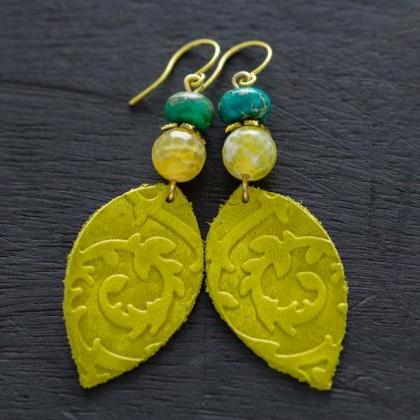 Green Leather Leaf Earrings With Yellow And..