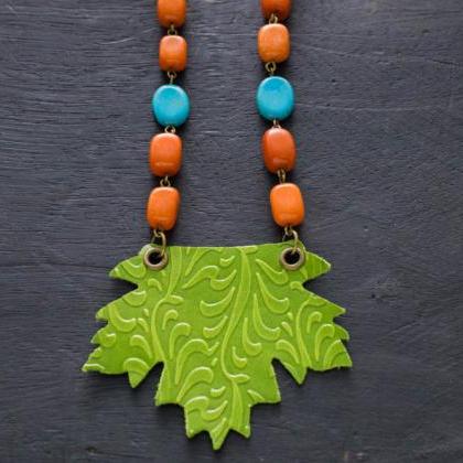Colorful Leather Maple Leaf Necklace With Orange..