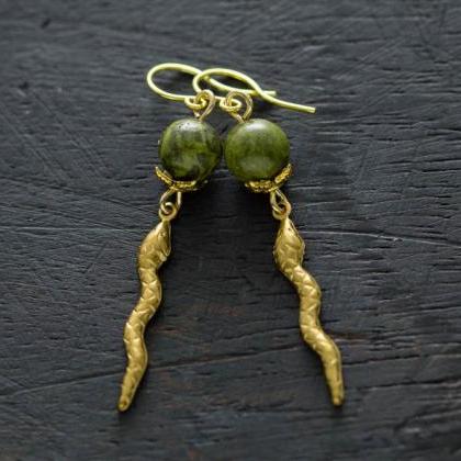 Snake Earrings, Green And Gold Earrings, Serpent..