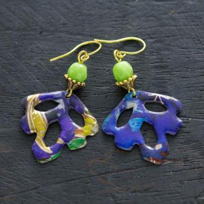 Purple Leaf Earrings With Chartreuse Green Beads..