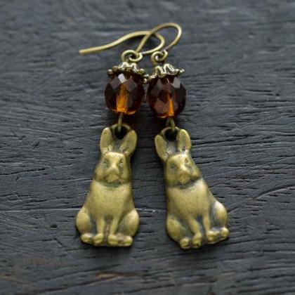 Antique Brass Woodland Rabbit Earrings, Bunny..