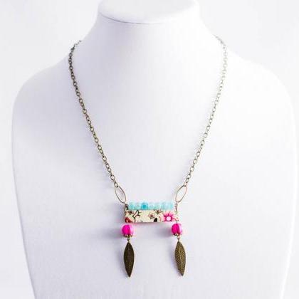 Colorful Pink And Blue Tribal Necklace With..