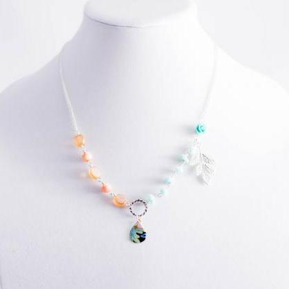 Pink And Blue Asymmetrical Necklace With Vintage..