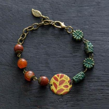 Earthy Woodland Bracelet With Vintage Tin, Leaf..