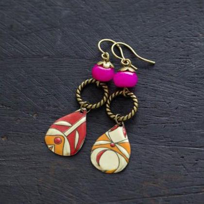 Pink And Orange Drop Earrings With Vintage Tin..