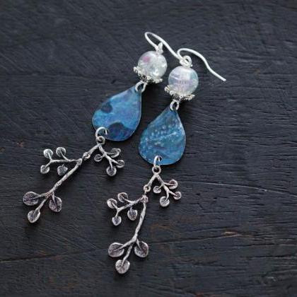 Blue Teardrop Vine Earrings With Vintage Tin And..