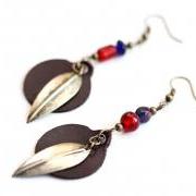Tribal Earrings, Leather Earrings, Feather Earrings, Brown Earrings, Red Earrings, Beaded Tribal Jewelry, Boho Earrings