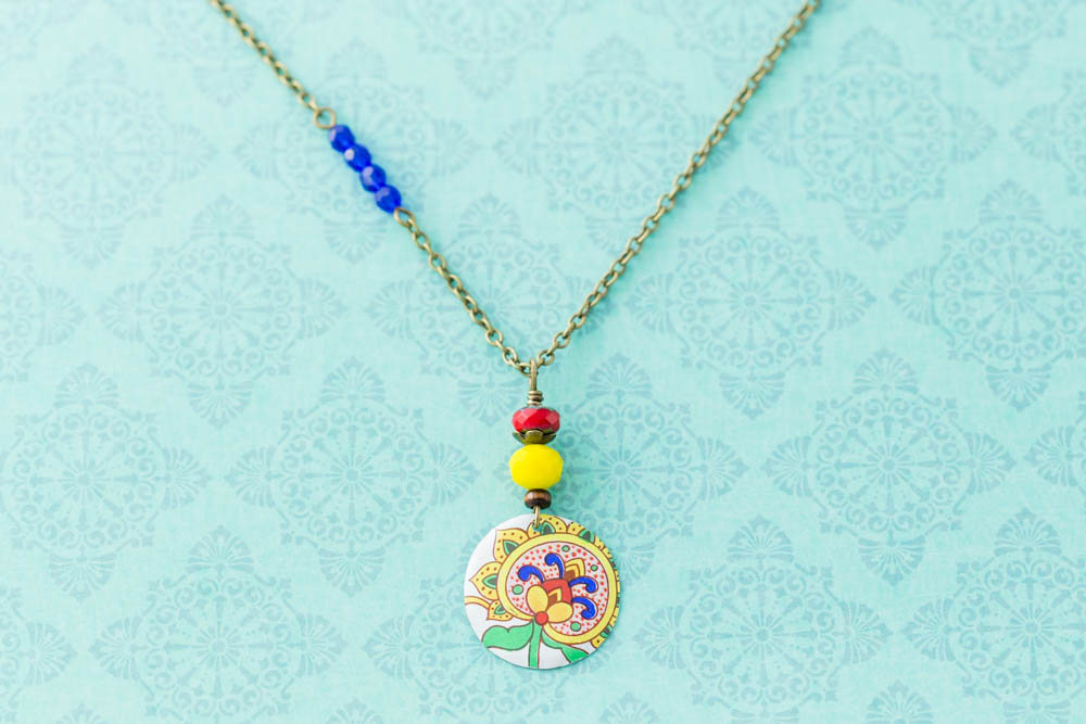 Indian Flower Vintage Tin Pendant Asymmetrical Charm Necklace With Cobalt Blue, Red And Yellow Beads And Antique Brass Chain India Jewelry