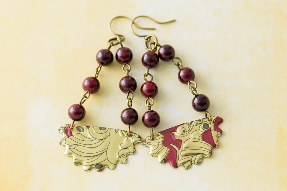 Red And Gold Vintage Tin Earrings With Red Rosary Chain With Dark Red Stone Beads And Antique Brass Findings, Half Circle Earrings