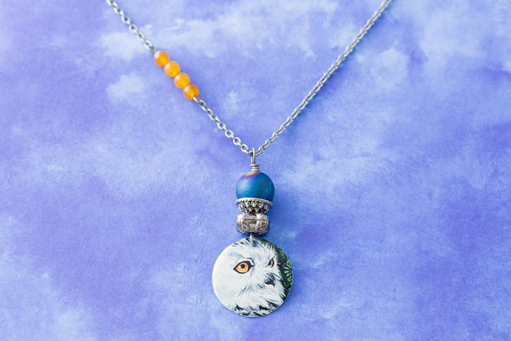 White Owl Vintage Tin Pendant Asymmetrical Necklace With Blue Druzy Agate And Orange Beads Antique Silver Chain Owl Jewelry