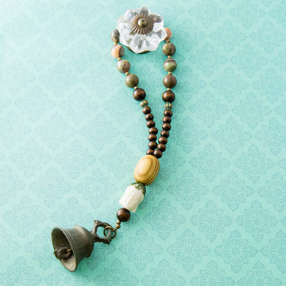 Decorative India Beaded Boho White Buddha Green Stone Beaded Brass