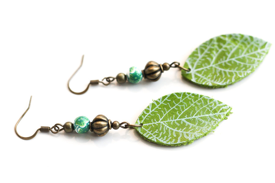 Green Leaf Earrings, Leather Leaf Earrings, Nature Inspired Jewelry, Leather Jewelry, Green Earrings, Leaf Jewelry, Boho Jewelry