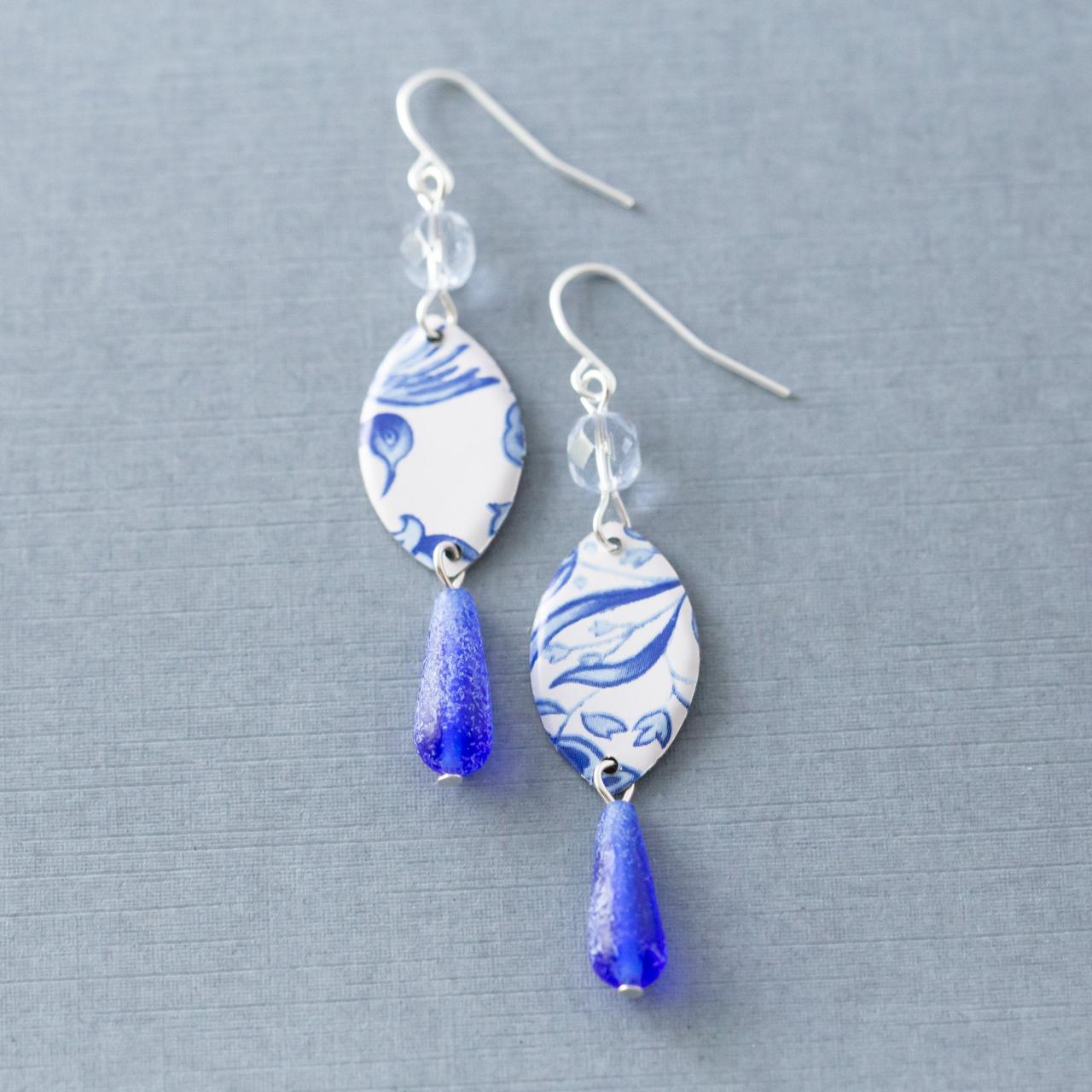 Cobalt Blue & White Earrings, Drop Earrings, Dangle Earrings, Tin Earrings, Tin Jewelry, Cobalt Blue Jewelry, Boho Jewelry