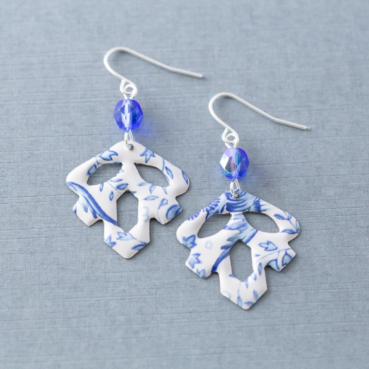 Boho Blue & White Tin Leaf Earrings, Leaf Dangle Earrings, Bohemian Jewelry, Leaf Jewelry, Anniversary Gift