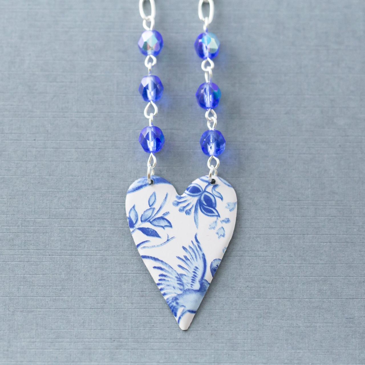 Tin Heart Necklace, Cobalt Blue Necklace, Blue Bird Necklace, Delft Jewelry, Heart Jewelry, Anniversary Gift