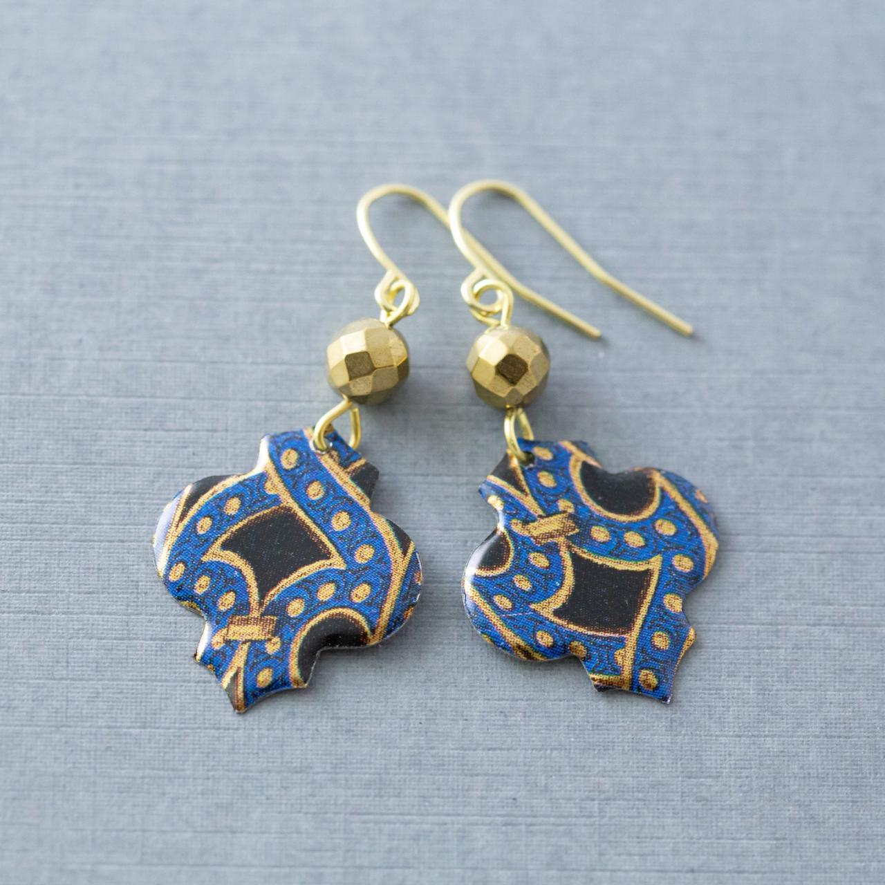 Moroccan Earrings, Boho Earrings, Quatrefoil Earrings, Blue, Gold, Black Tin Earrings, Bohemian Earrings, Tin Jewelry, Ethnic Jewelry