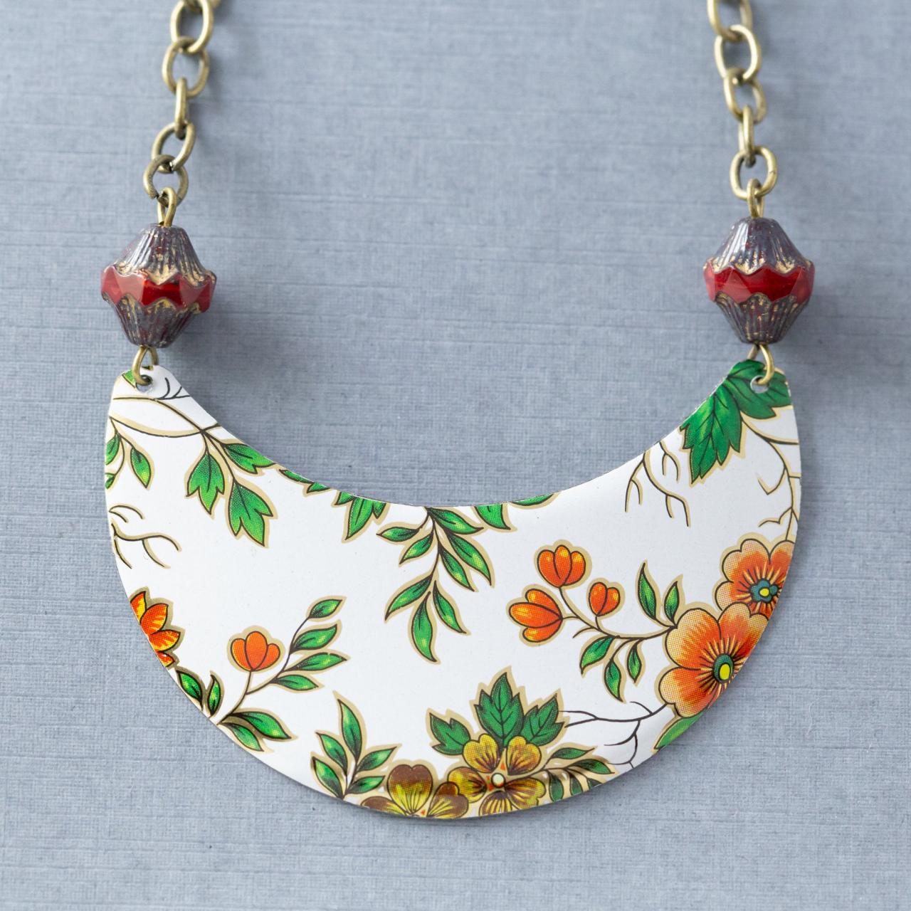 Red & Green Semicircle Necklace, Crescent Necklace, Flower Necklace, Floral Necklace, Boho Jewelry, Tin Jewelry, Bohemian Jewelry
