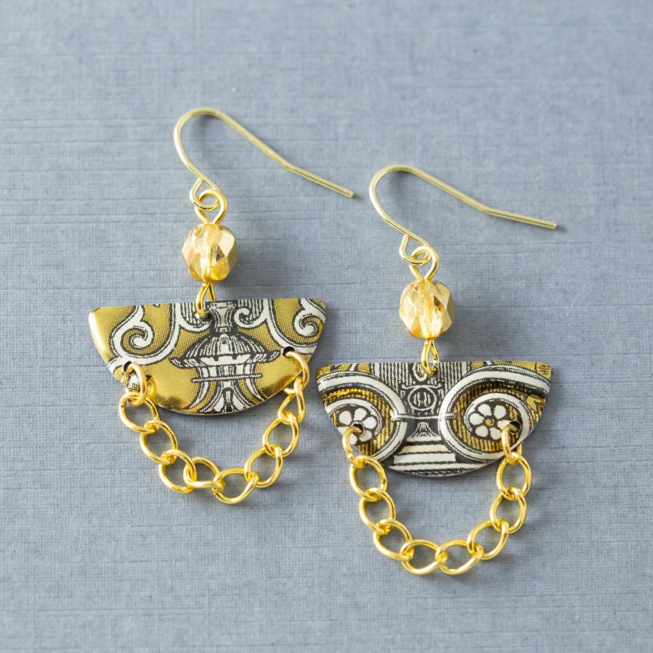 Gold & White Half Circle Earrings, Semicircle Earrings, Gold Chain Earrings, Boho Earrings, Tin Earrings, Bohemian Jewelry