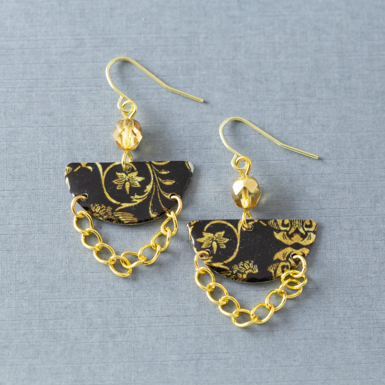 Gold & Black Half Circle Earrings, Semicircle Earrings, Gold Chain Earrings, Boho Earrings, Tin Earrings, Bohemian Jewelry